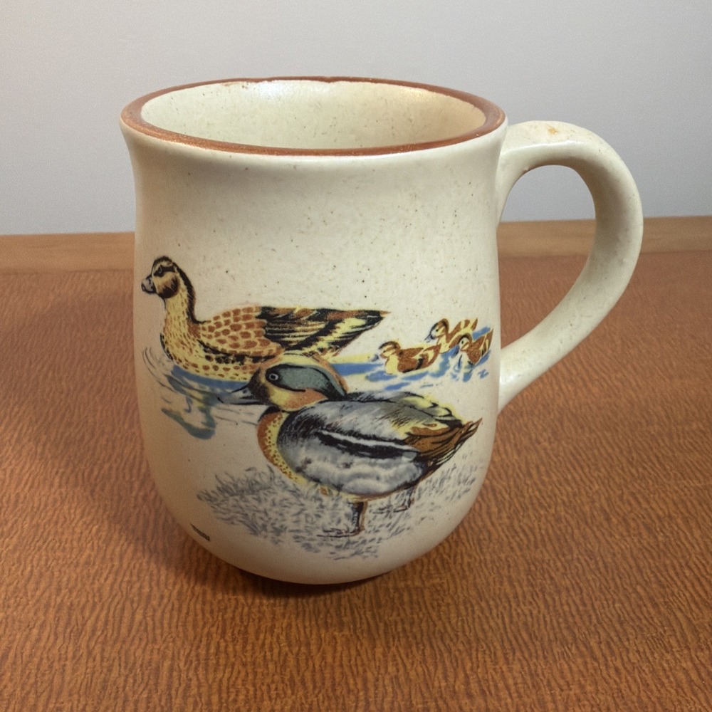 Vintage Teal Duck Ducklings Speckled Brown Trim Coffee Mug Cup